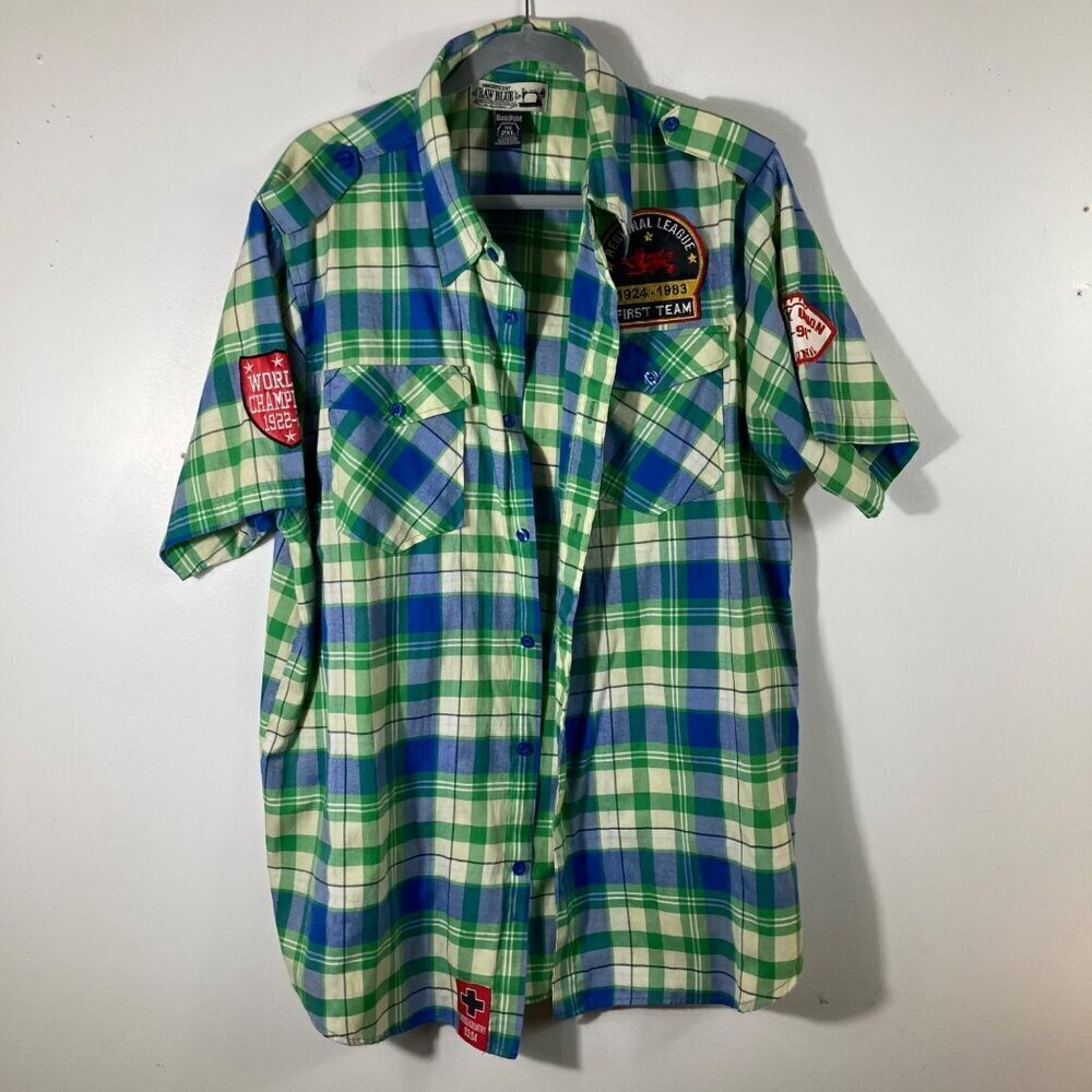 Mens Raw Blue Fearless Rebel Shirt Button Plaid‎ Short Sleeve Embroidered 2XL